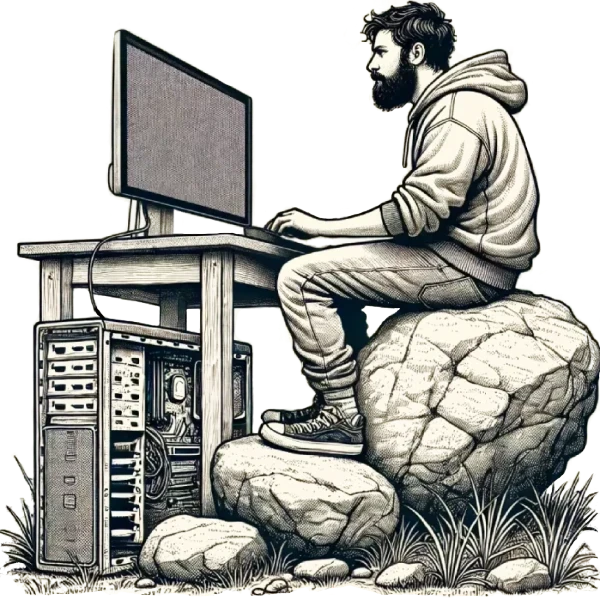Illustration of a bearded engineer working at a desktop computer, sitting on a rock like a modern-day castaway